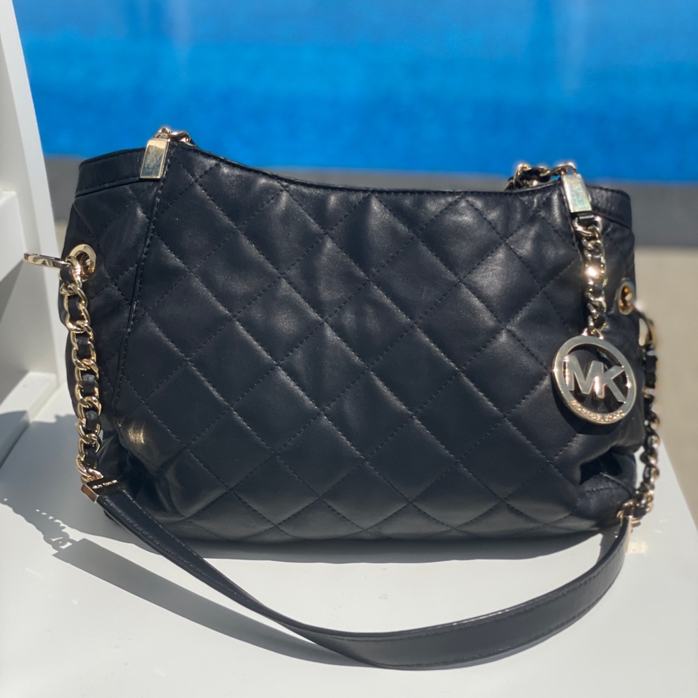 Michael Kors Quilted Black Shoulder Bag with Gold Accents